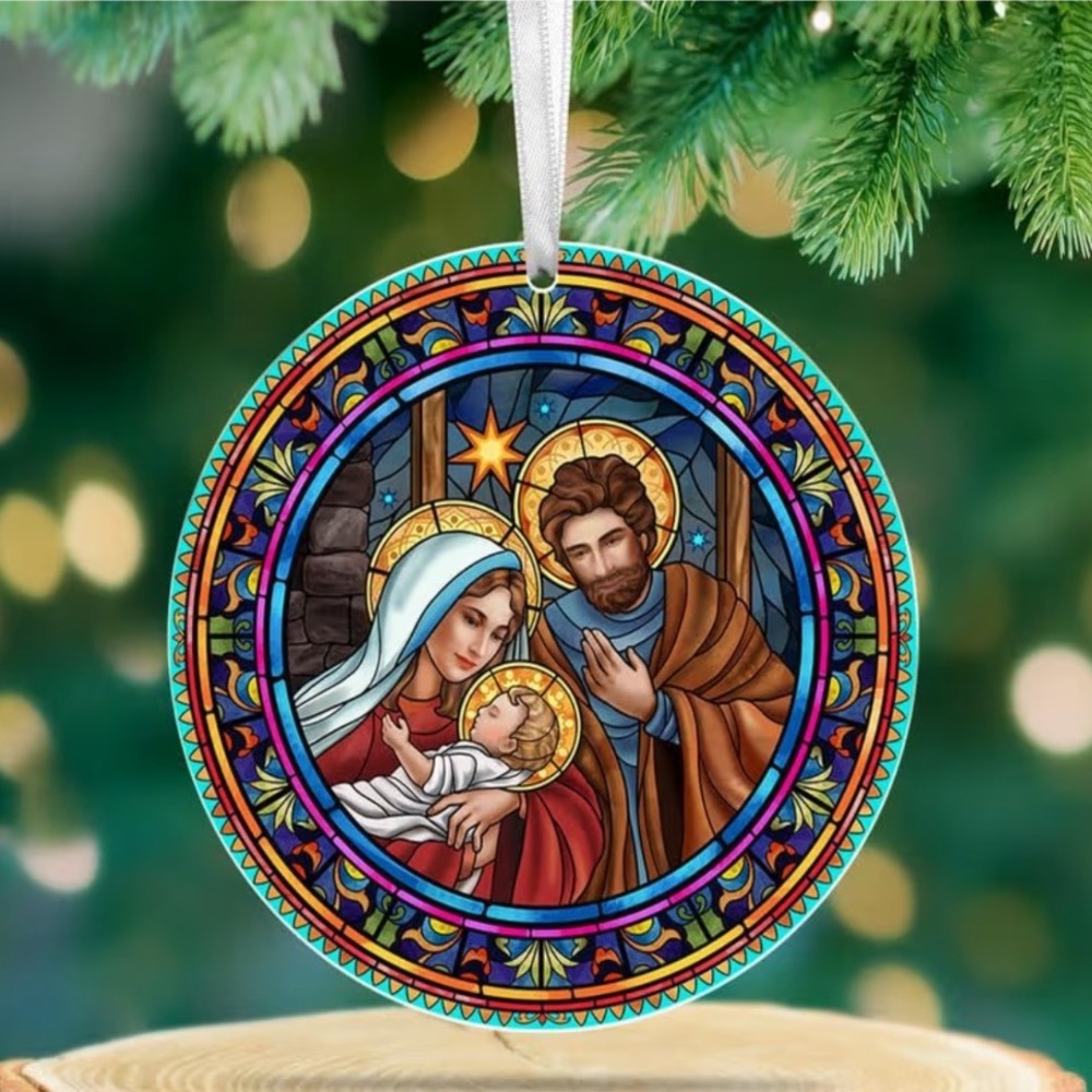 Round Stained Glass Nativity Christmas Ornament with Holy Family